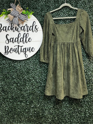 Suede Square Neck Green Dress