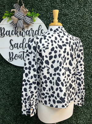 White with black print blouse