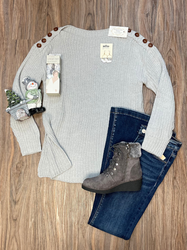 Gray Buttoned Drop Shoulder Sweater