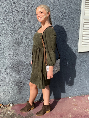 Suede Square Neck Green Dress