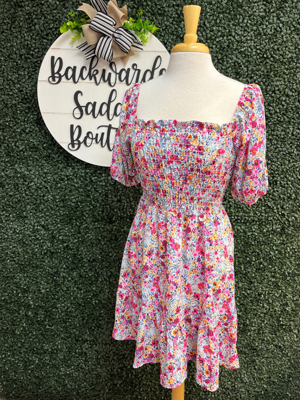 Floral print smocked square neck dress