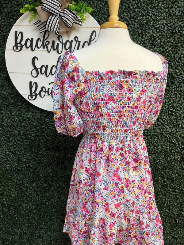 Floral print smocked square neck dress