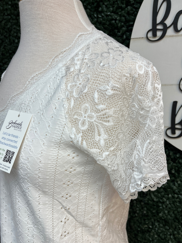 White Sheer Lace Short Sleeves Eyelet Embroidered Top