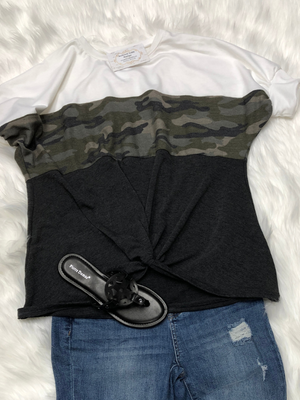 Twisted Ivory, camo, & charcoal top