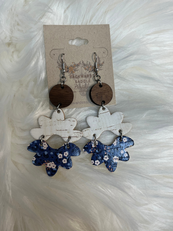 3" Wood and Linen Blue Floral Earrings