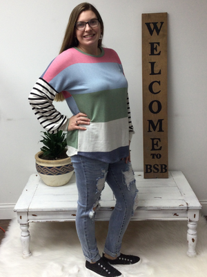 Multi-color top with striped sleeves