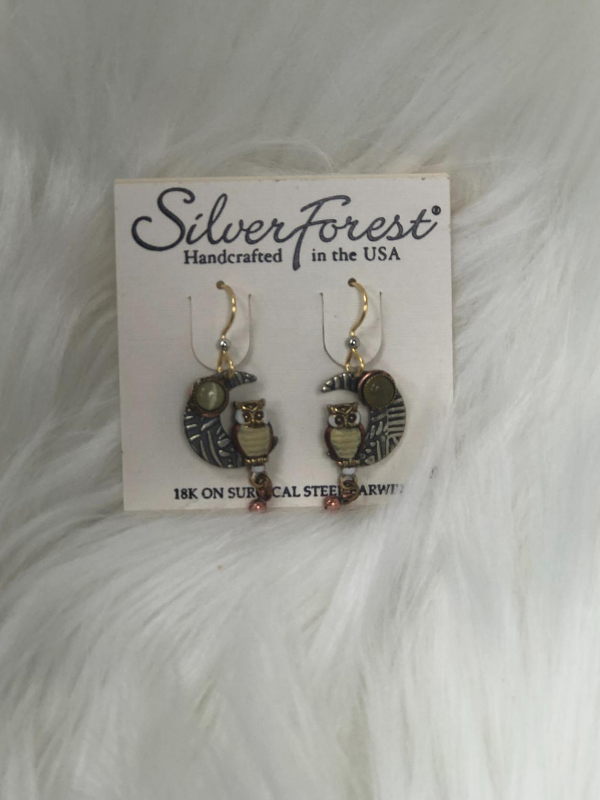 Owl on moon gold earrings