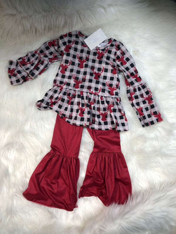 Plaid Deer Girls Set