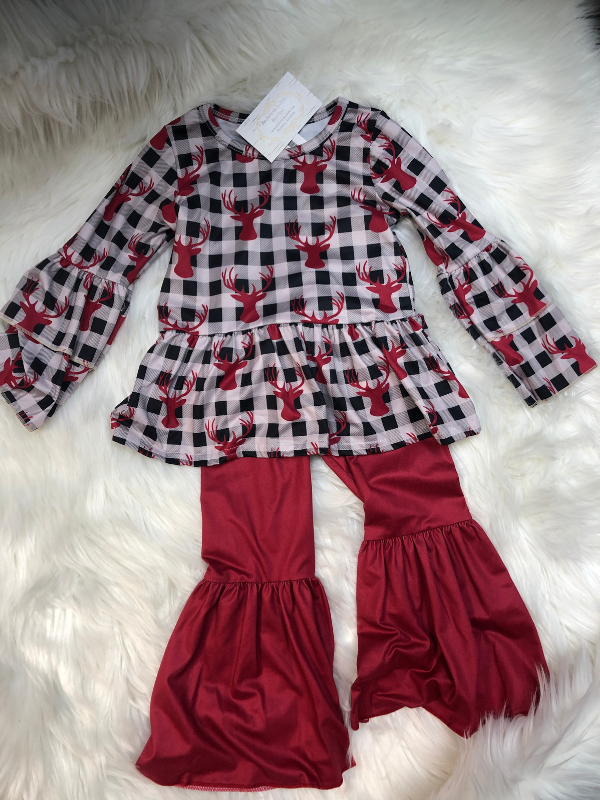 Plaid Deer Girls Set