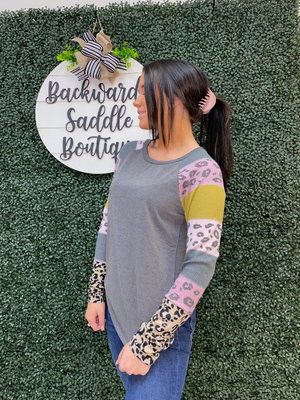 Grey top with colorful sleeves & cheetah