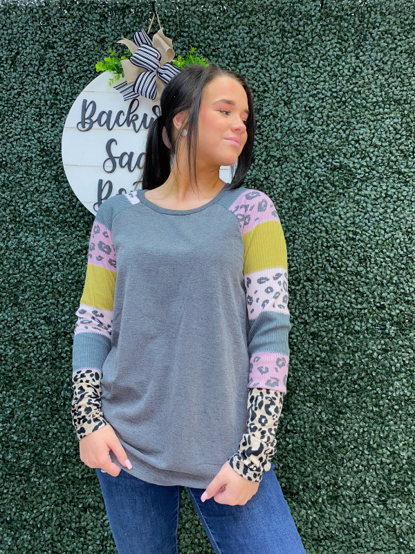 Grey top with colorful sleeves & cheetah