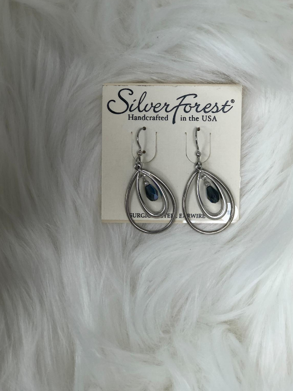 3 dangle silver earrings with blue dangle bead