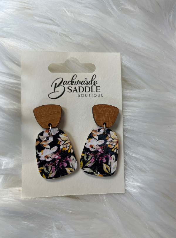 Cherry Wood & Floral Earrings