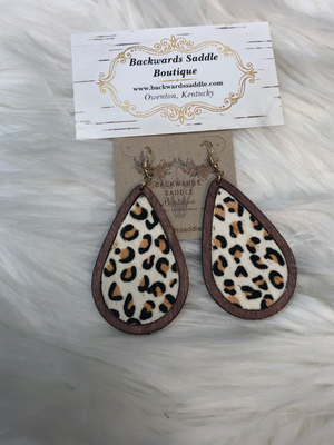 Wood with white leopard cowhide earrings