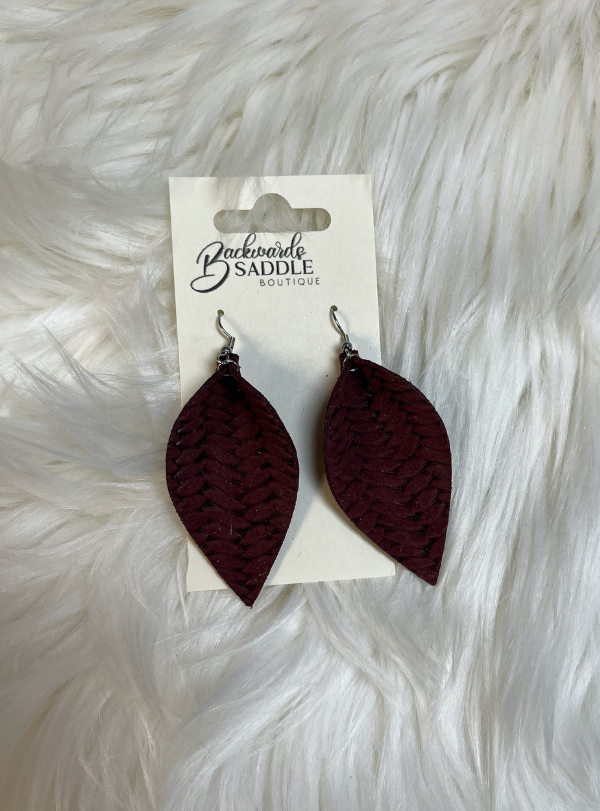 2.5" Maroon  leather braided earrings