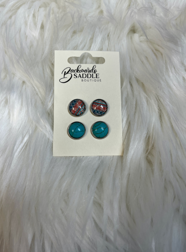 12mm Turquoise/Orange Aztec Earrings