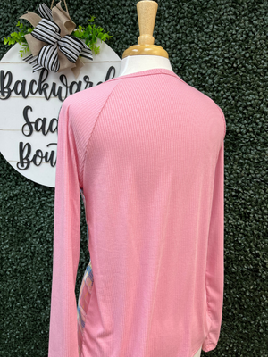 Check print pink rib knit top