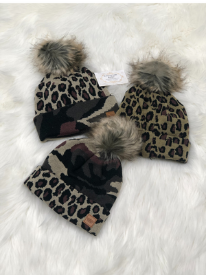Leopard and camo beanies with fuzzy ball