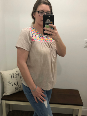 Taupe Stripe Embroidered Top
