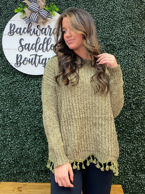 Olive Knitted Scallop Sweater