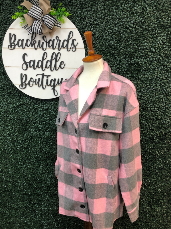 Blush and gray plaid shacket