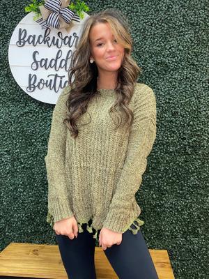 Olive Knitted Scallop Sweater