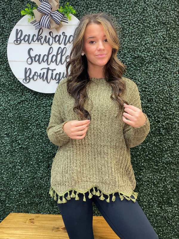 Olive Knitted Scallop Sweater