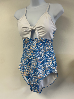 White and blue floral one piece swimsuit