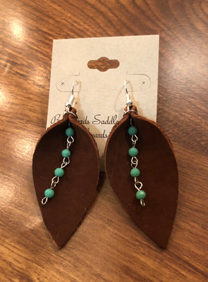 Brown Leather Earrings with Turquoise Chains
