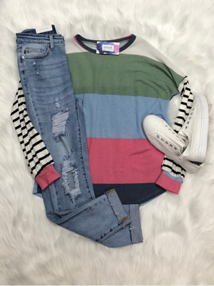 Multi-color top with striped sleeves